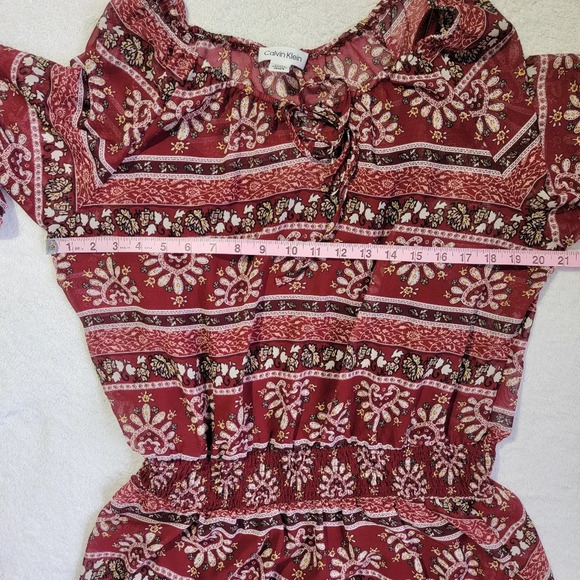 Calvin Klein Boho Red Print 3/4 Sleeve Gathered Waist Sheer Lined Dress Size M - Picture 12 of 12